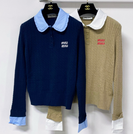 Miu Embroidered Logo Polo Sweater Poplin Collar Tencel 799799