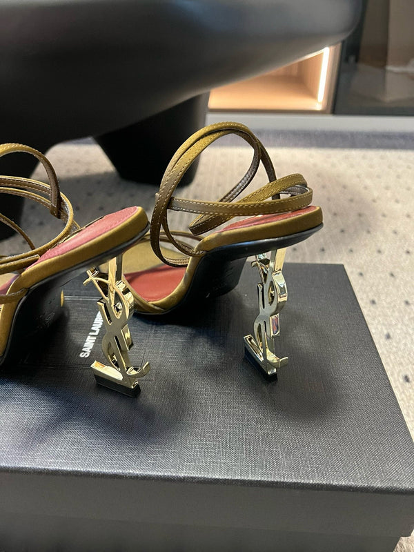 YSL Opyum Sandals Olive Green Fabric Leather