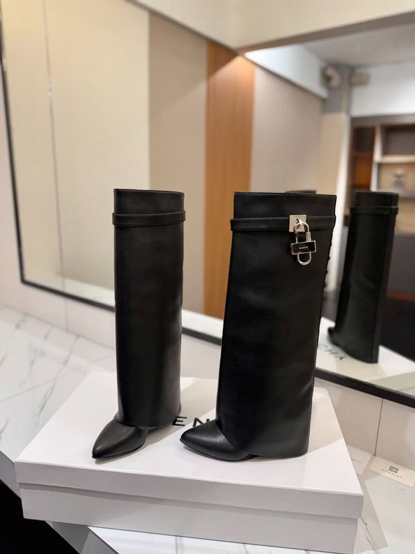 Givenchy Shark-Lock Knee-High Boots Black Cowhide Sliver HW