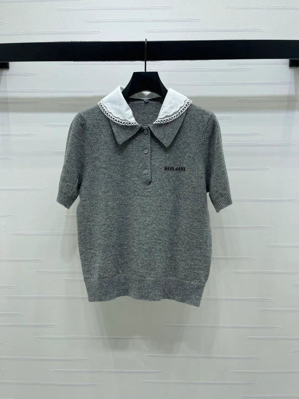 Miumiu 2026 Pan Collar Knit Short-Sleeve T-Shirt Gray and Navy Blue Wool