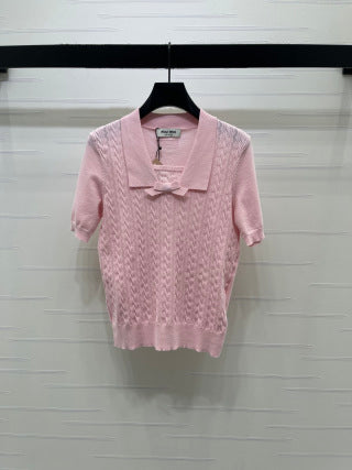 Miu Cable Knit Short-Sleeved Shirt Linen Silk