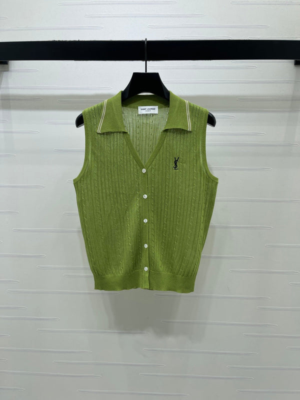 YSL Collared Knit Vest Spun Silk Linen 397453