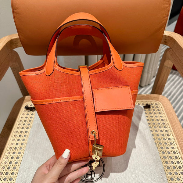 HM Picotin Lock 18CM Pocket Handbag Orange Swift Canvas