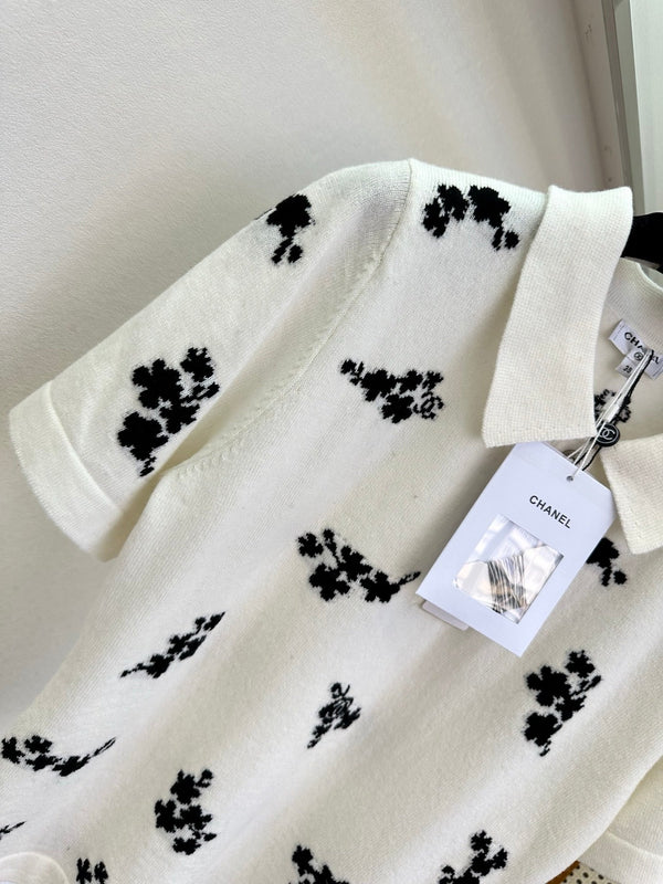 Chanel 2026 Floral Print Polo Shirt Black and White Cotton