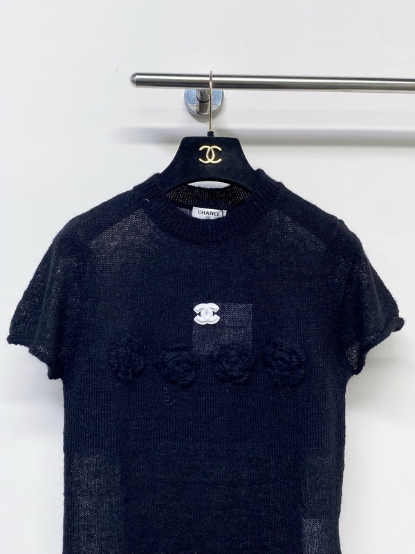 Chanel 2026 Floral Short Sleeve T-shirt Black and Beige Wool