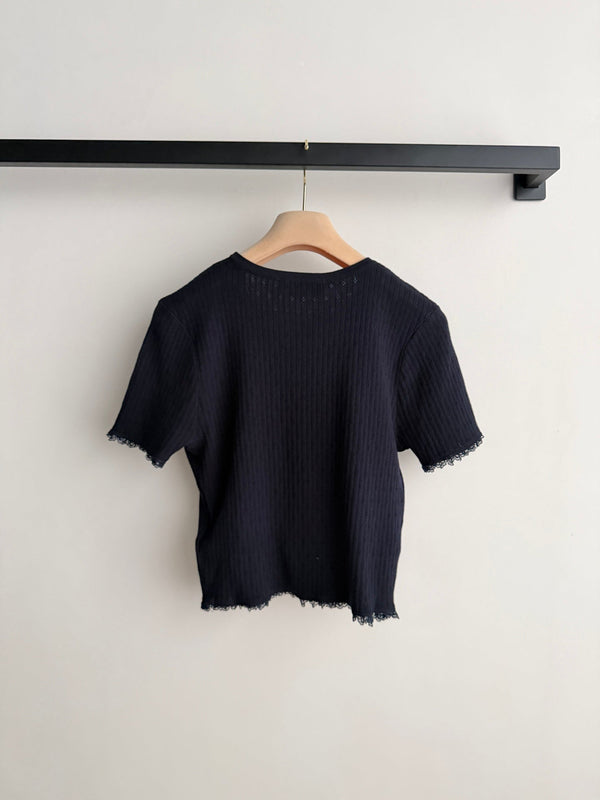 Miu Miu 26SS Lace-Trimmed Round Neck Short-Sleeve Top in Cotton