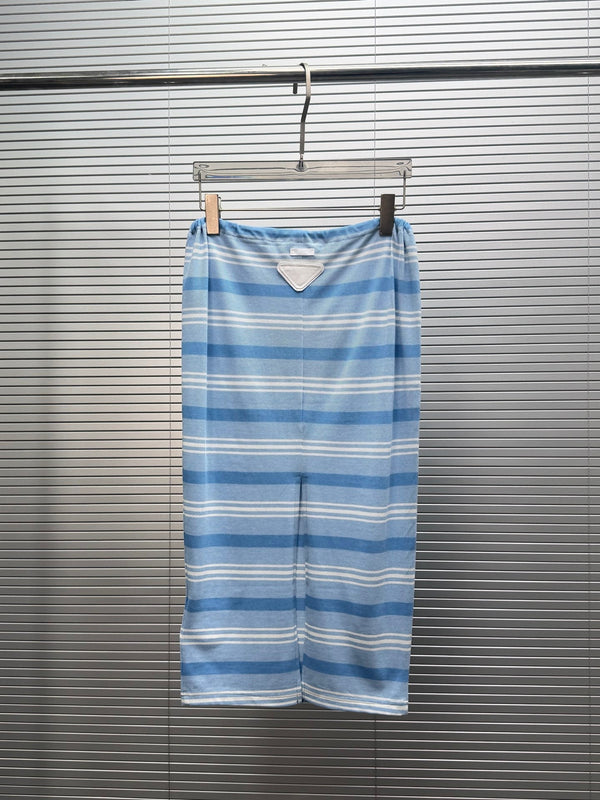 Prada 26 Blue and White Striped Drawstring Polo Shirt & Skirt in Cotton