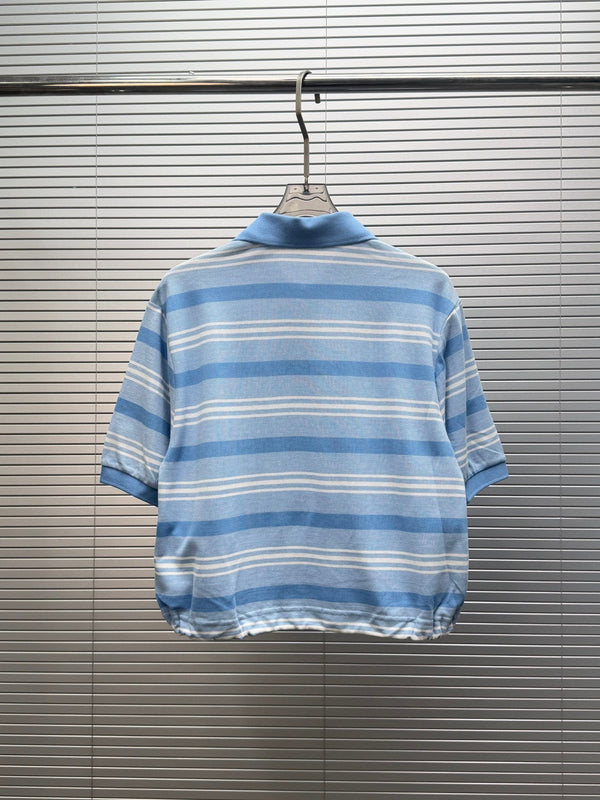 Prada 26 Blue and White Striped Drawstring Polo Shirt & Skirt in Cotton