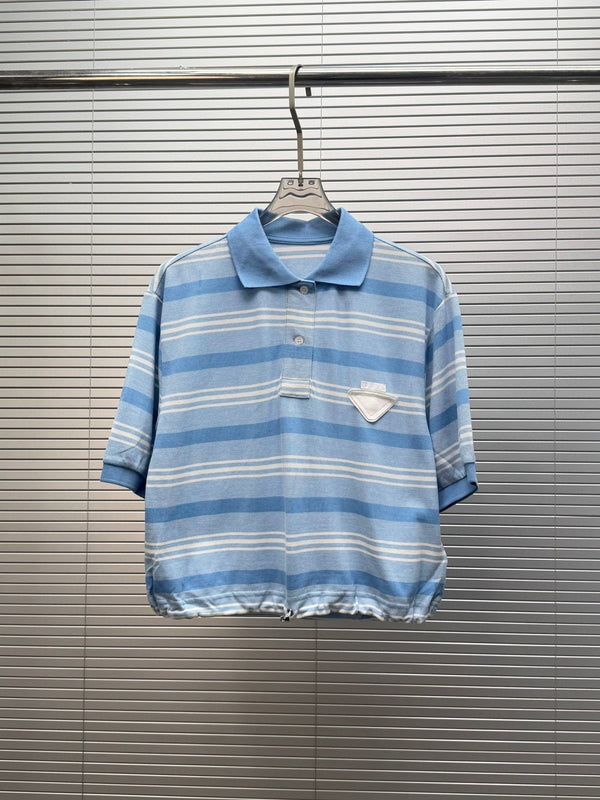 Prada 26 Blue and White Striped Drawstring Polo Shirt & Skirt in Cotton