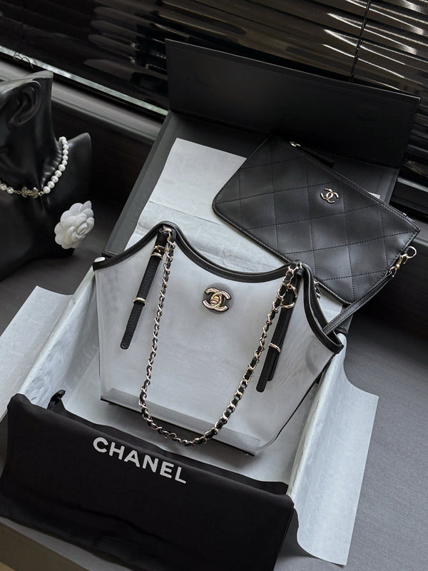 CC 26C Coco Beach Shopping Bag Transparent Mesh & Black Calfskin