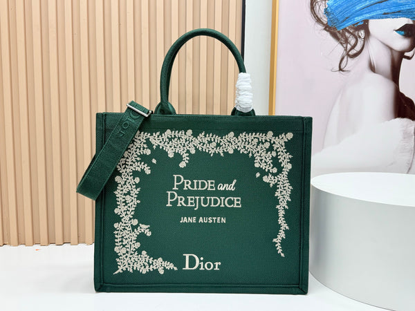CD Book Tote Medium Pride and Prejudice Green Embroidery Canvas 159367