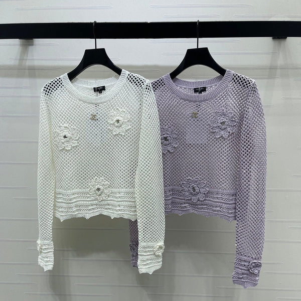 CC 26s Hollow-Out Crochet Knit Long-Sleeved Top Wool 406546