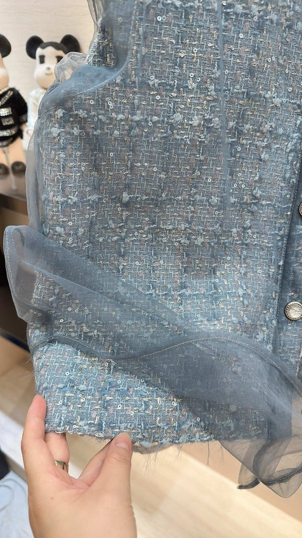 CC Collared Vest Jacket Dusty Blue Tweed Sheer 415624