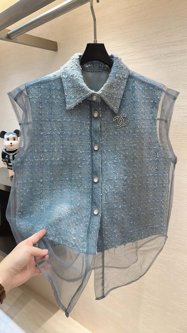 CC Collared Vest Jacket Dusty Blue Tweed Sheer 415624