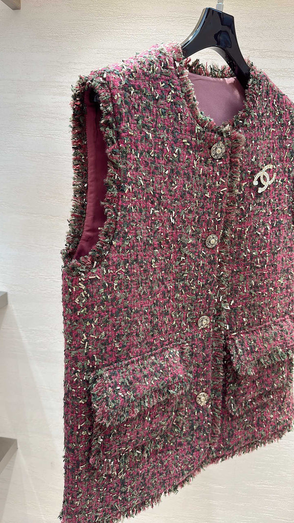 CC Vest Jacket Fringe Trim Berry Multicolor Tweed 415630