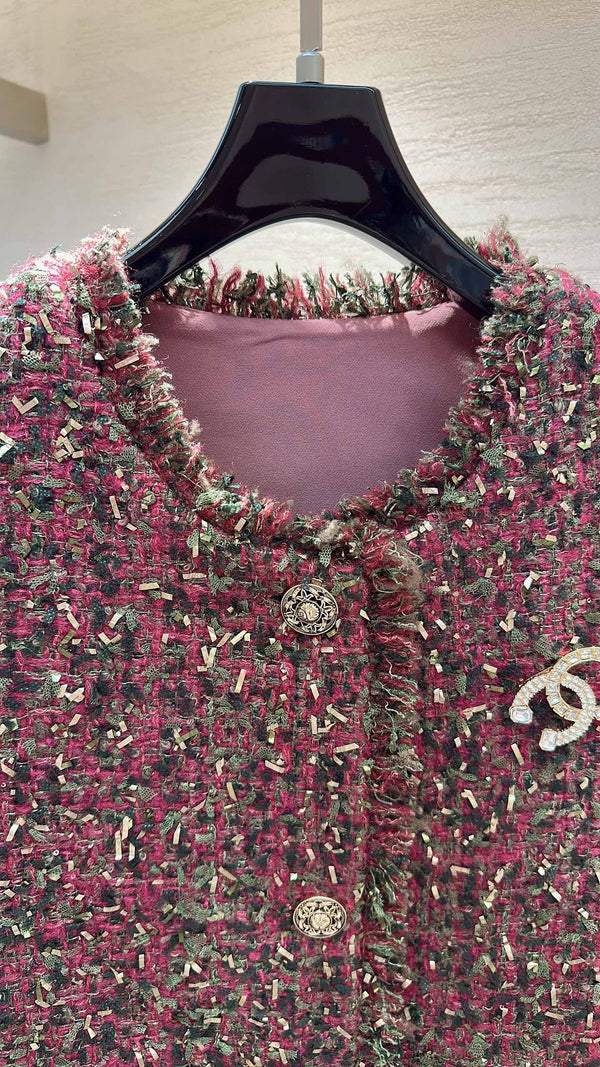 CC Vest Jacket Fringe Trim Berry Multicolor Tweed 415630