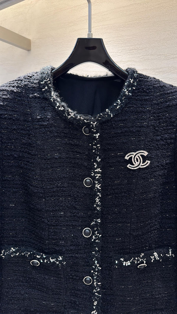 CC Cropped Jacket Silver Trim Black Tweed 415640