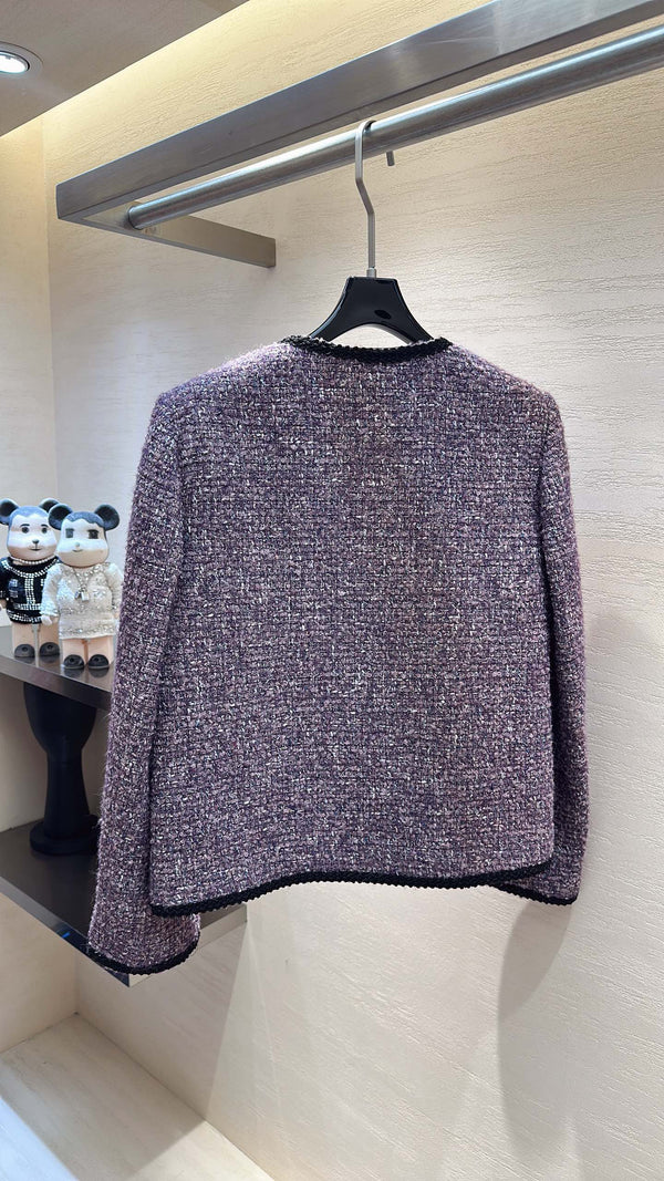 CC Round-Neck Jacket Black Trim Brooch Purple Tweed 415614