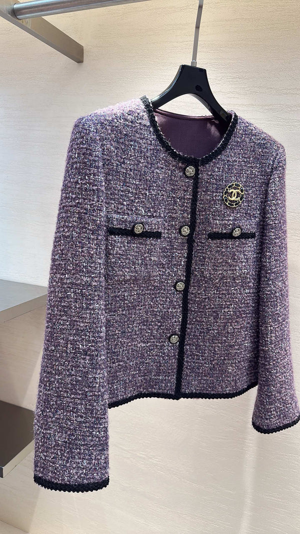CC Round-Neck Jacket Black Trim Brooch Purple Tweed 415614