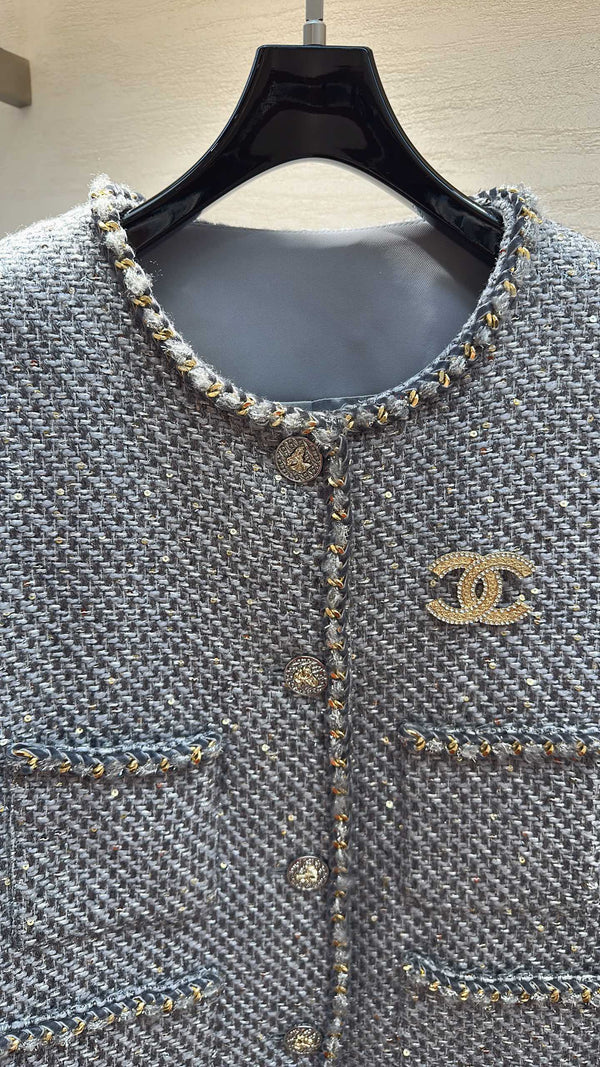 CC Jacket Gold Trim Gray Tweed 415620