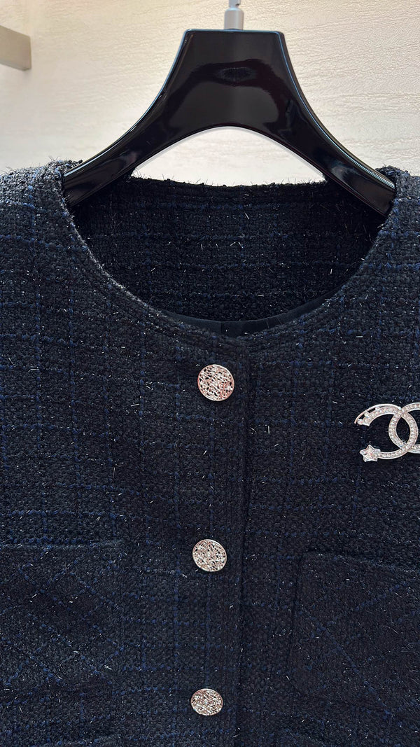 CC Cropped Jacket Rhinestone Buttons Navy Blue Tweed 415579