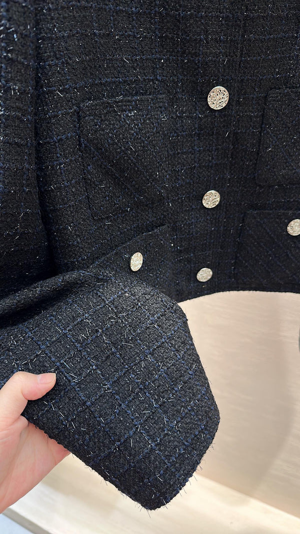 CC Cropped Jacket Rhinestone Buttons Navy Blue Tweed 415579