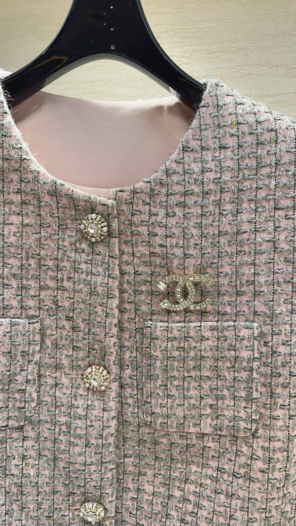 CC V-Neck Tweed Vest Jacket Mist Pink Multicolor 415648