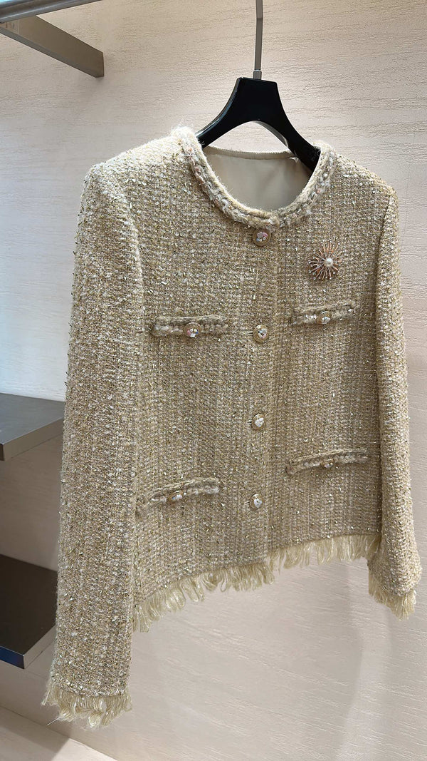 CC Sunflower Brooch Fringe Jacket Light Gold Tweed 415576