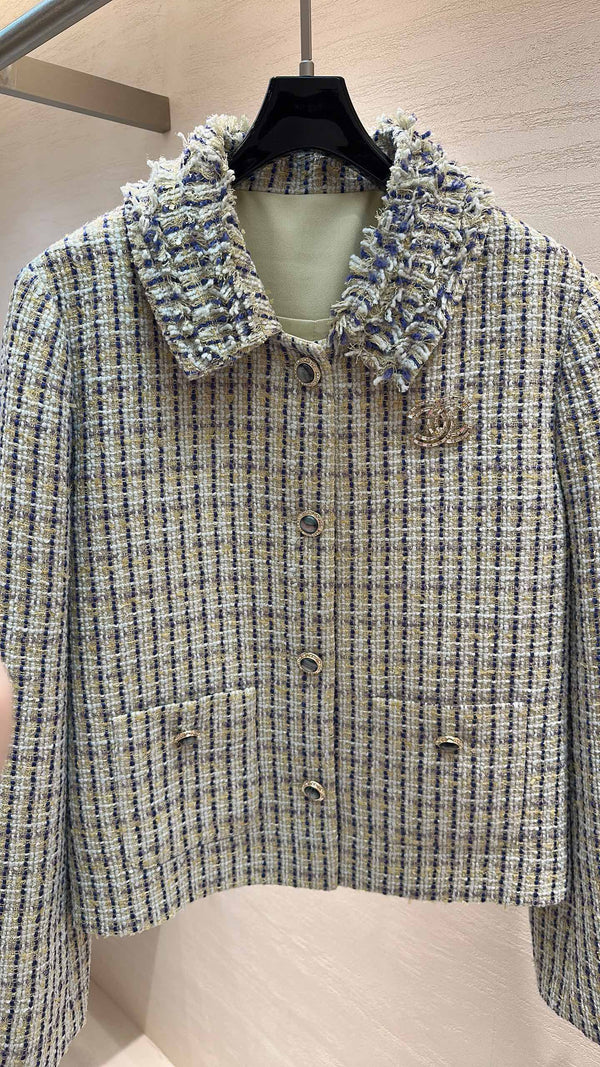 CC Cropped Jacket Collar Detail Multicolor Tweed 415571