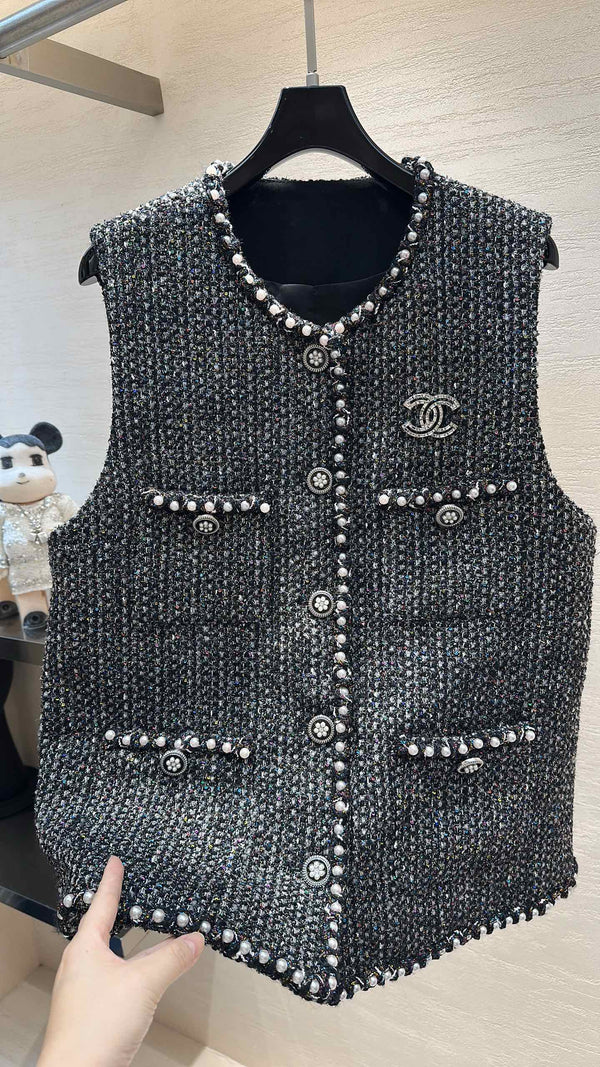 CC Vest Jacket Pearl Chain Trim Black Multicolor Tweed 415605