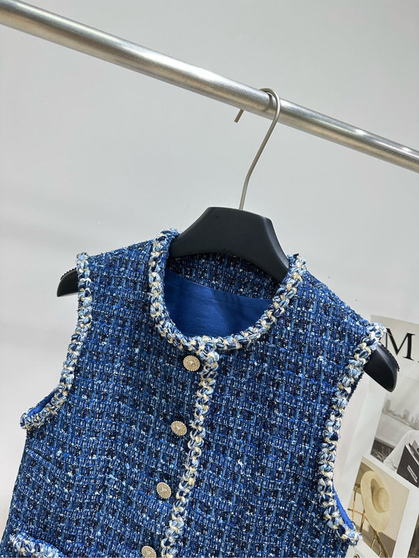 CC Round-Neck Vest Jacket Gold Buttons Dark Blue Tweed 417313