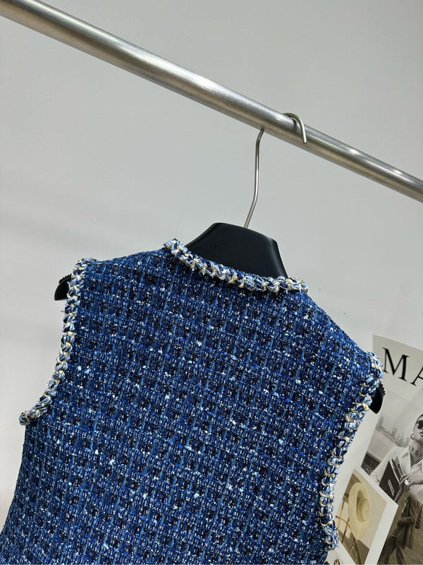 CC Round-Neck Vest Jacket Gold Buttons Dark Blue Tweed 417313