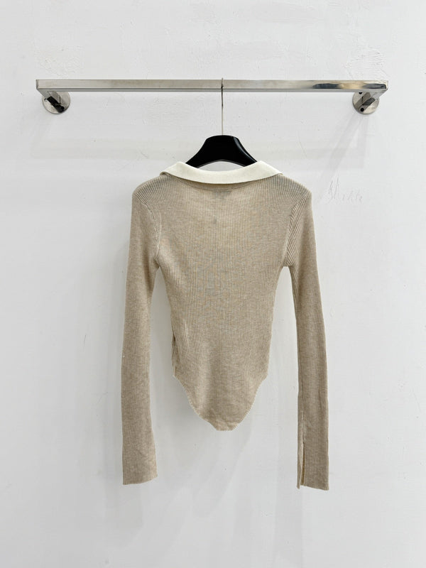 CC Collared Knit Top Embroidered Logo Beige Wool 801954