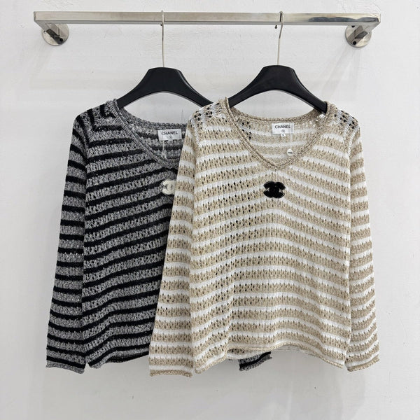 CC Striped V-Neck Sweater Double C Logo Wool 801965