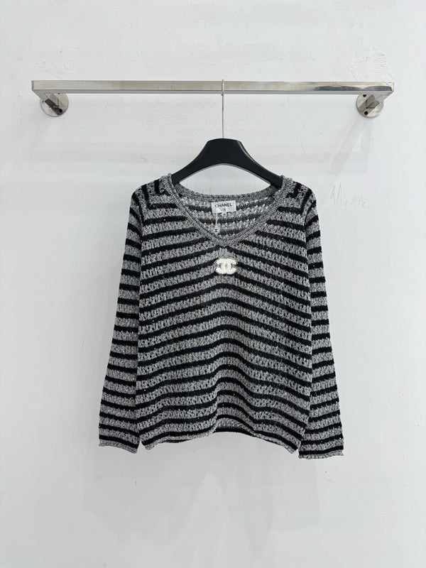 CC Striped V-Neck Sweater Double C Logo Wool 801965