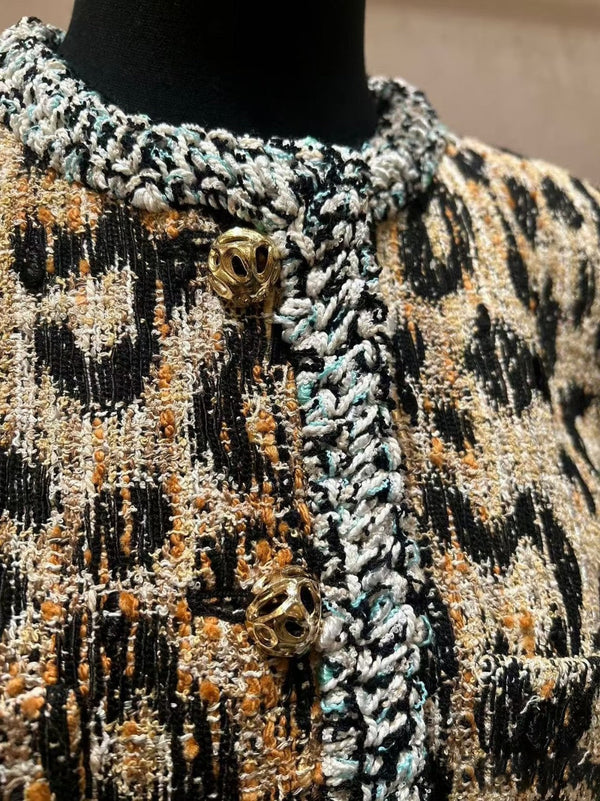 CC Métiers d'Art Leopard Jacket Gold Lion Buttons Brown Black Tweed 418391