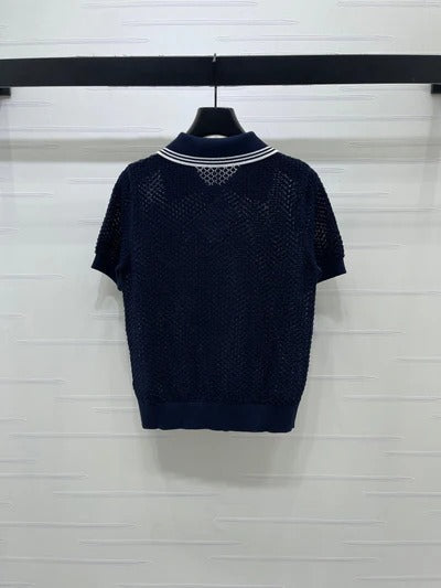 Miu 2026 Hollow-out Knitted Collared Short-sleeved T-shirt Wool Cashmere 374995