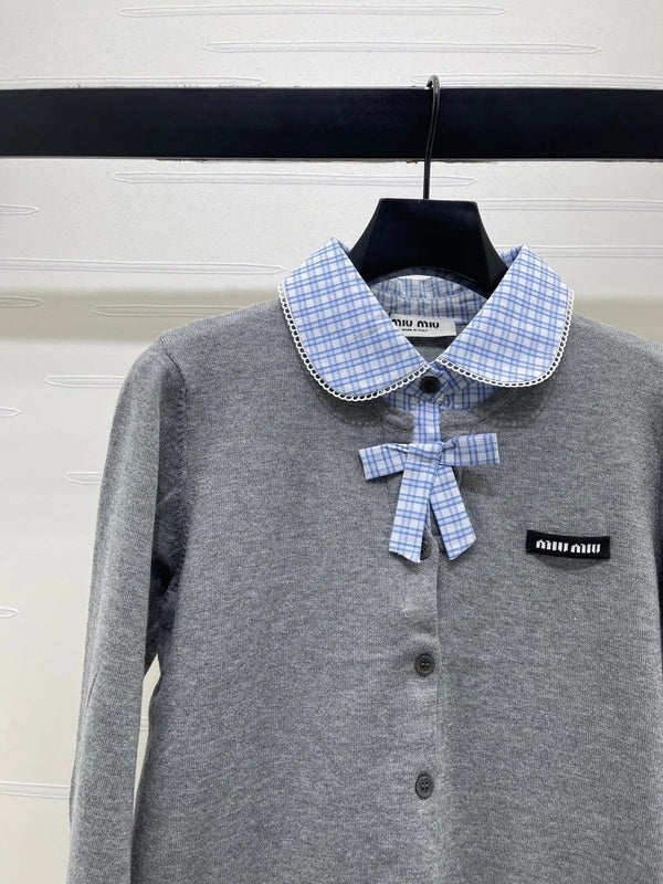 Miu 2026 Two-piece Plaid Knit Cardigan Grey Blue Wool 415917