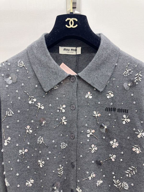Miu 2026 Heavy Sequined Cardigan with Logo Pattern Embellishment Wool 838810