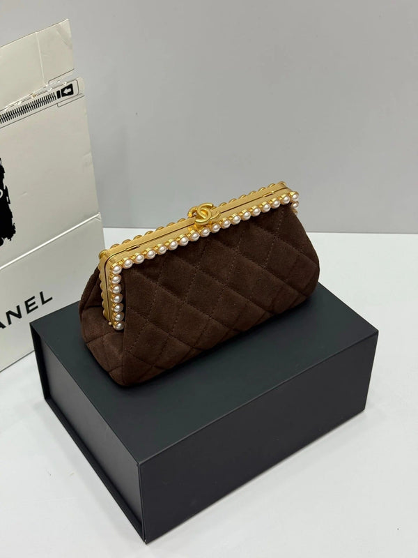 Chanel 2026 Pearl Clutch Brown Gold Velvet Leather