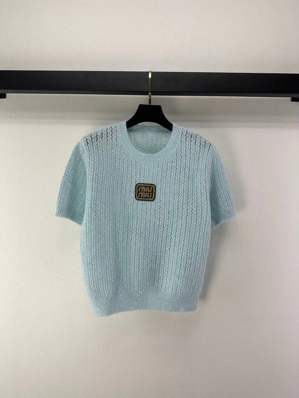 Miumiu 2026 Sequined Knit Short-sleeved Top Wool Polyester 362383