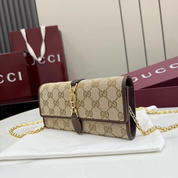 GG 2026 Jackie Wallet 19cm Brown Canvas Leather