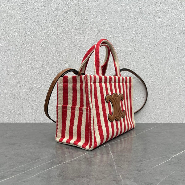 Celine 2026 Cabas Thais Striped Bag 29cm Red White Textile Calfskin 283595