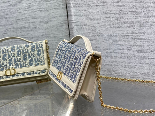 CD 2026 Montaigne Cigale Bag 20.5cm Blue White Canvas Leather 272677