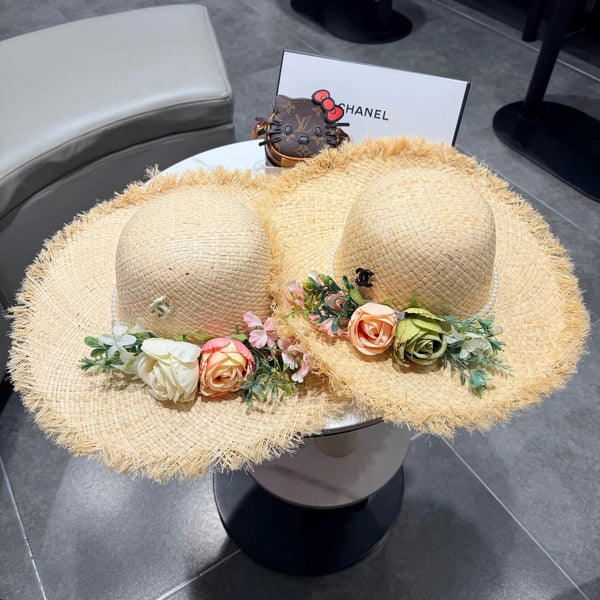 CC Flower Raffia Straw Wide-brimmed Hat 400708