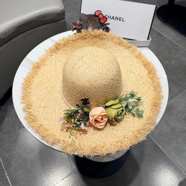 CC Flower Raffia Straw Wide-brimmed Hat 400708