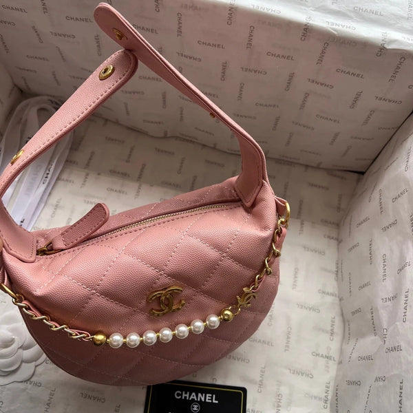CC 2026 Quilted Pearl Chain Pouch Hobo Bag 16cm Grained Calfskin
