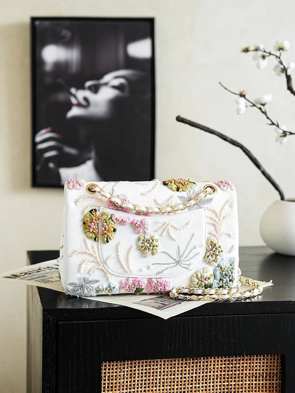 CC 26s Multi-colored Floral Embroidery Bag 25.5cm White Leather