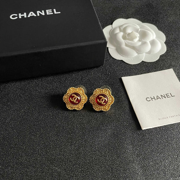 CC Flower Double C Red Gold Earrings