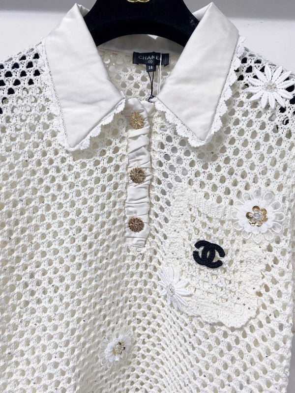 CC 2026 Daisy Pattern Knit Short-Sleeve Shirt White Wool 673370